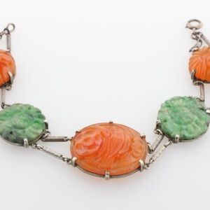 Sterling Silver Carved Floral Red Jadeite & Jade Hinged Bar Link Bracelet - 7.5"